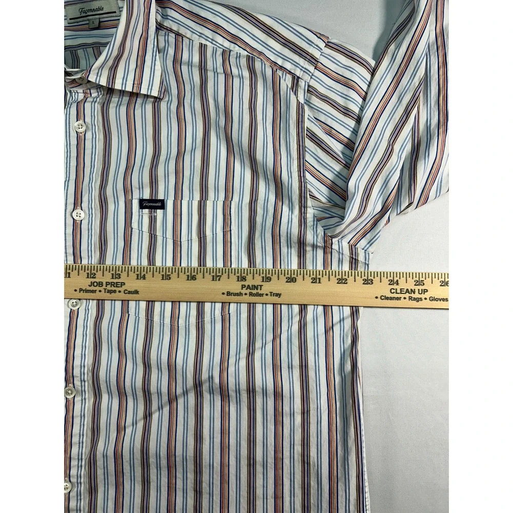 Faconnable Mens Large Striped Button Down Shirt‎ Blue Orange White Cotton L/S